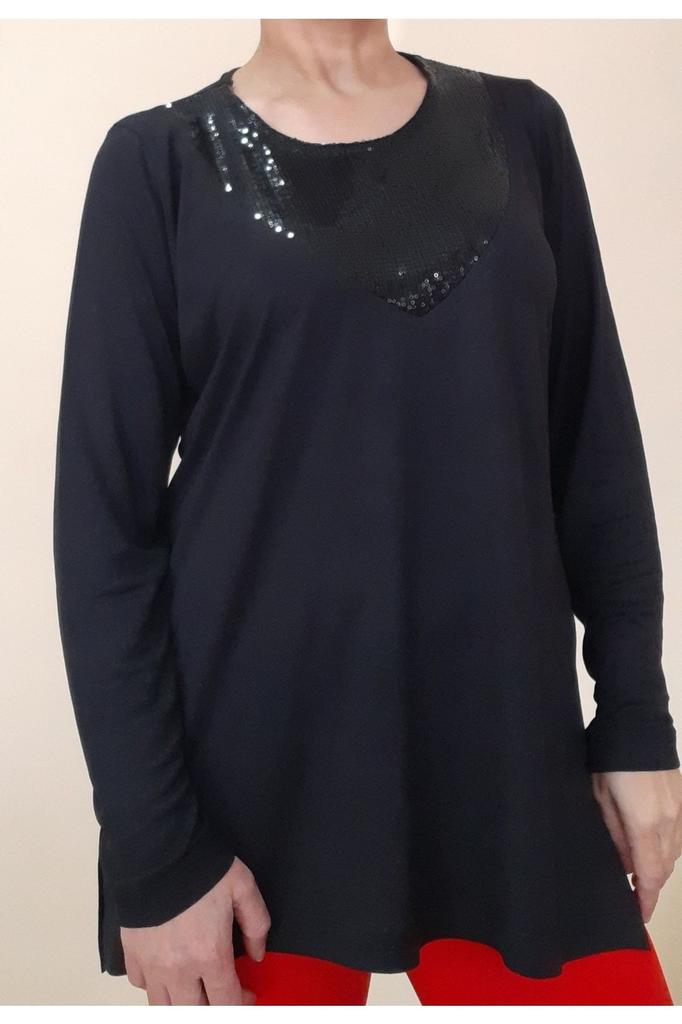 Women's Style Big Size T-Shirt Black Combed Cotton Viscose T-Shirt With Sequin Palette Detail On The Front