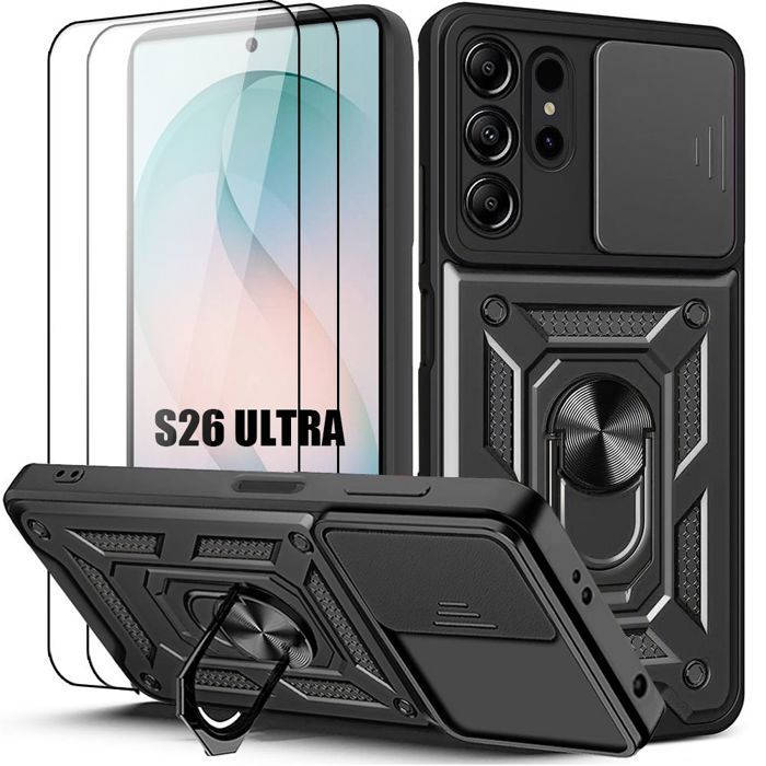 Coque pour Samsung Galaxy S26 Ultra, avec Anneau et Protection Caméra - Noir - 2 Verres Trempés