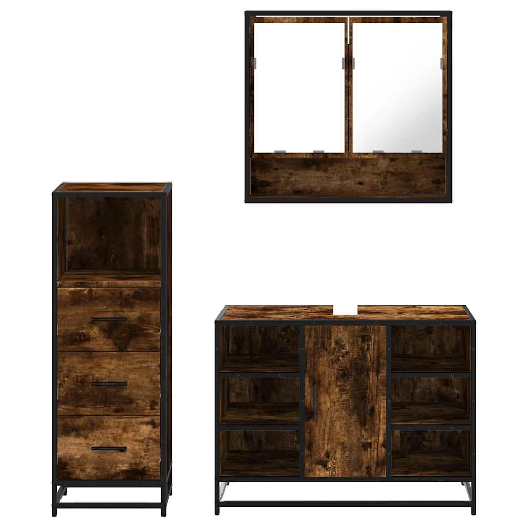 3 Piece Bathroom Furniture Set Smoked Oak Wood Based Material
