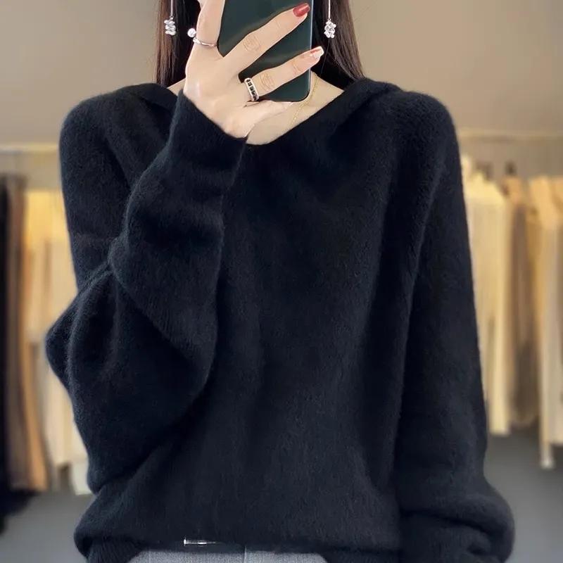 Suéter de punto de manga larga con capucha informal para mujer, estilo holgado, para otoño e invierno