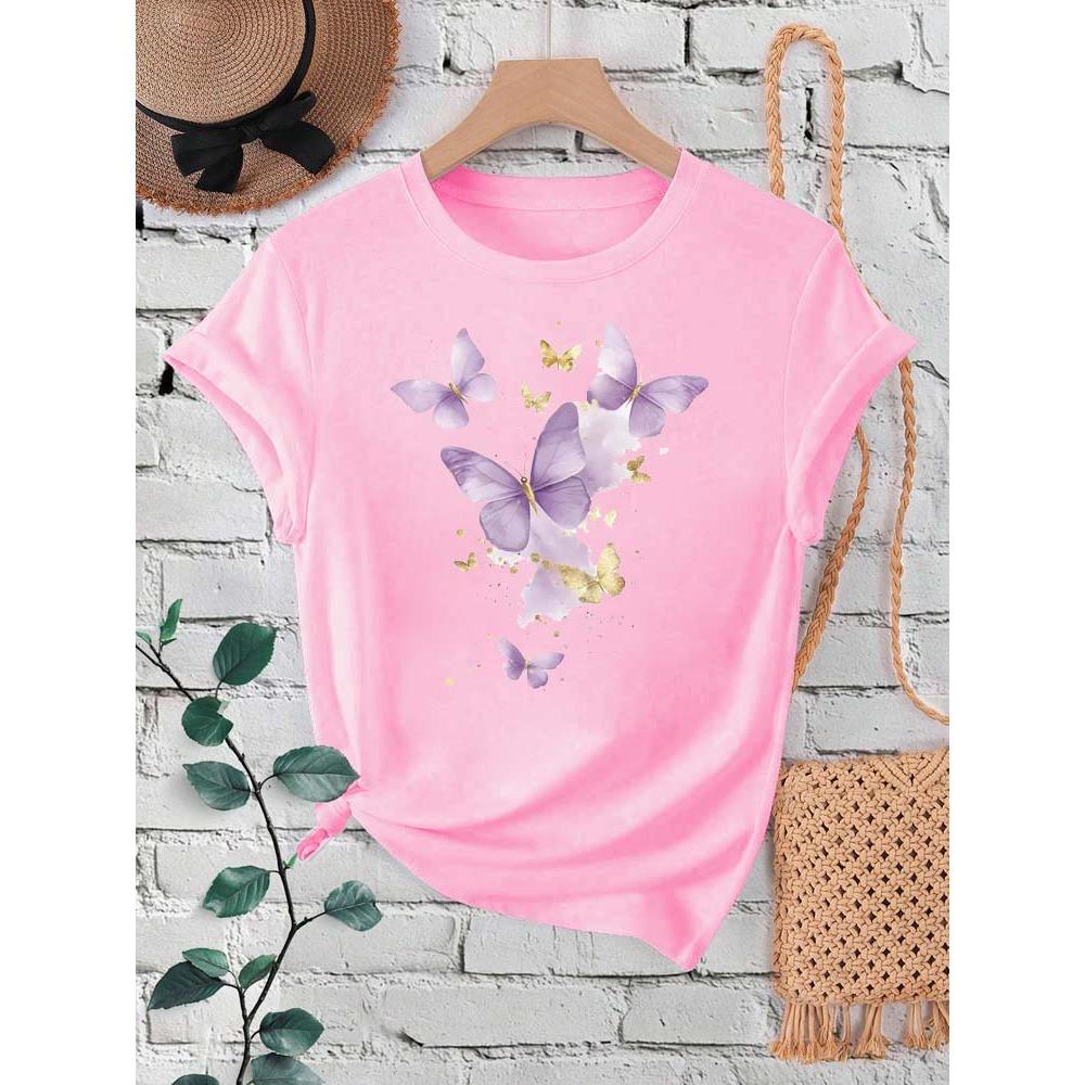 Fashion Purple Butterfly Print Women T-Shirt Summer Casual Short