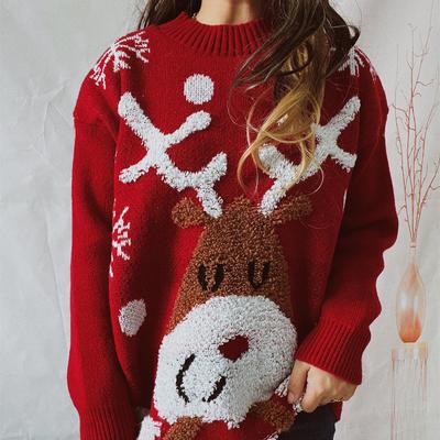 Damen Verdickter Pullover Neu Weihnachten Elch Rundhals Locker Strickpullover