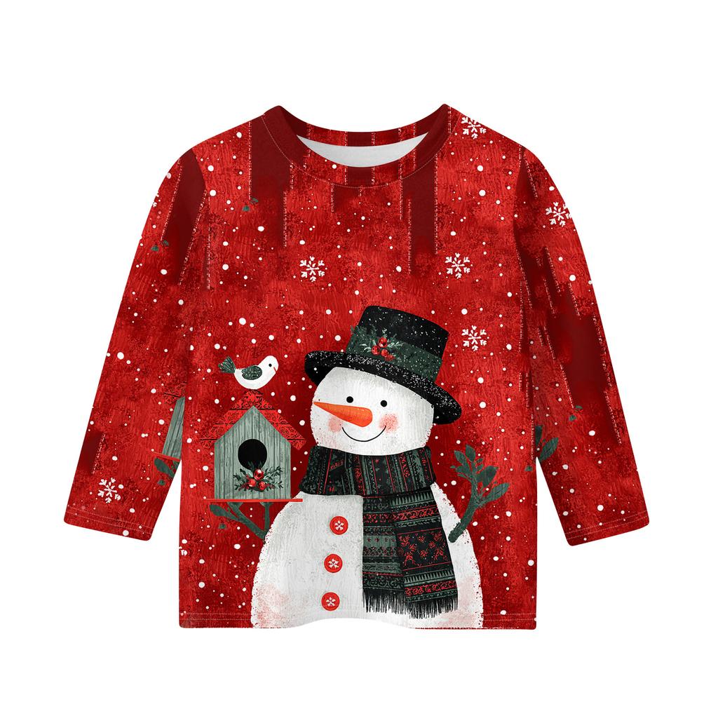 Christmas Day Print Tops For Youth Girls 4-11 Years Round Neck 3/4 Sleeves T-Shirts Trendy Tops Outfit Tees