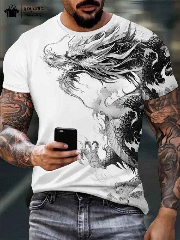 Summer Round Neck 3D Print Top Fashionable Casual Short Sleeved Dragon Pattern Men's T-shirts