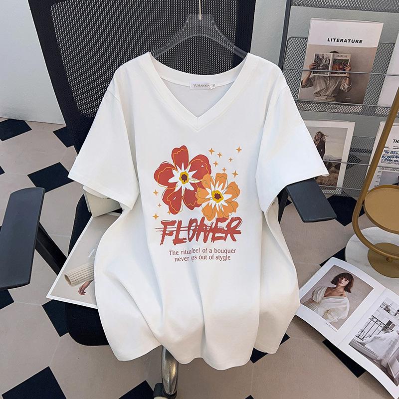 Plus Size Women's Slimming V-Neck Mid-Length Short-Sleeve T-Shirt