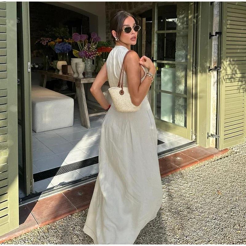 Sleeveless SpliAed Zipper Maxi Dress Women Elegant High Waist Slim Pleated Long Dresses OffiAe Lady Street Robes Female