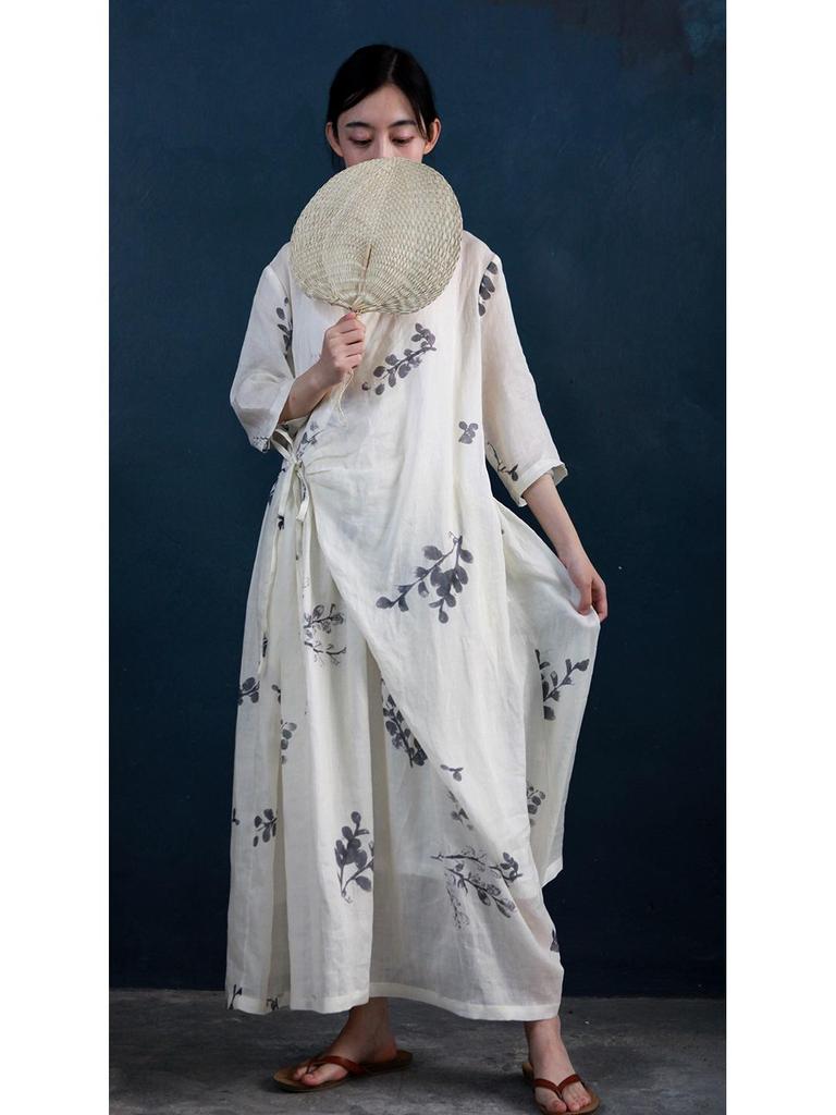 Mountain Spirit Sheer Flowy Tie-Waist Long Dress with Irregular Neckline, Women's Ramie Tea Dress