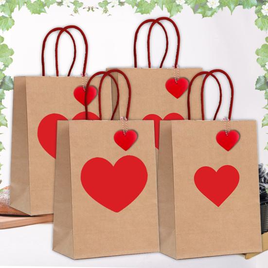 Krafts Paper Bags Red Heart Design Eco-Friendly Gift Bags with Heart Tags And Hemp Rope Gift Packaging for Weddings Birthdays Mother's Day Party