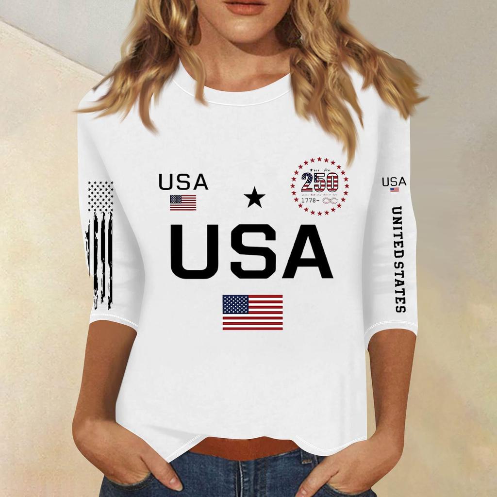 3/4 Sleeve Tops For Women T-Shirt Casual  Print Tops T Shirt Round Neck Pullover Blouse