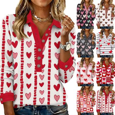 Damen Retro Street Lässiger V-Ausschnitt Langarm Knopf Valentinstag Herz Pullover Top