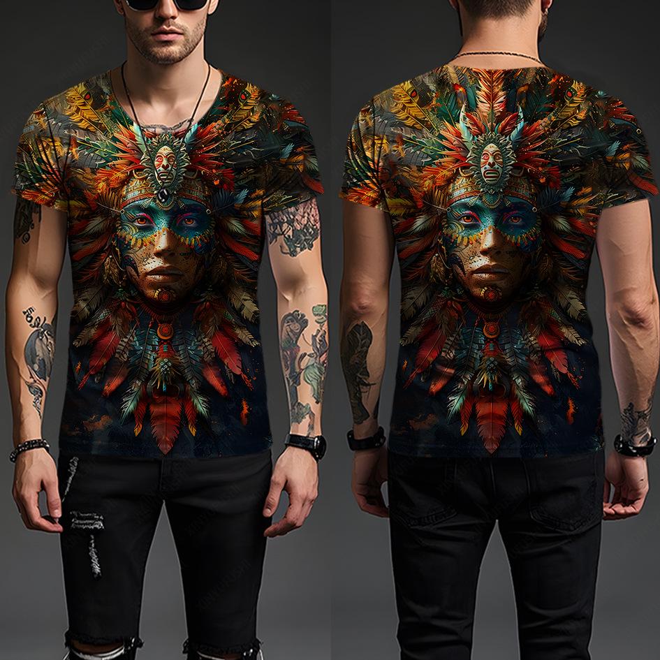 Summer Round Neck Ethnic Pattern 3D Print Top Fashionable Casual Short Sleeved Men's T-shirts