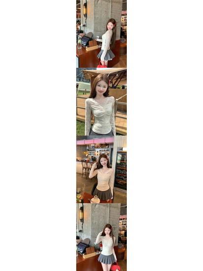 Available: Pure Desire V-Neck Long-Sleeve Lace Shirt for Women - Slimming, Fashionable, Versatile Short Inner Wear.
