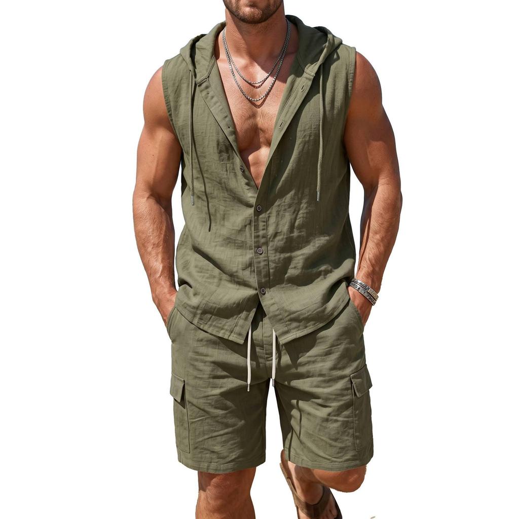 Men's Linen Hooded Shirt & Shorts Two-Piece Summer Set in Stock