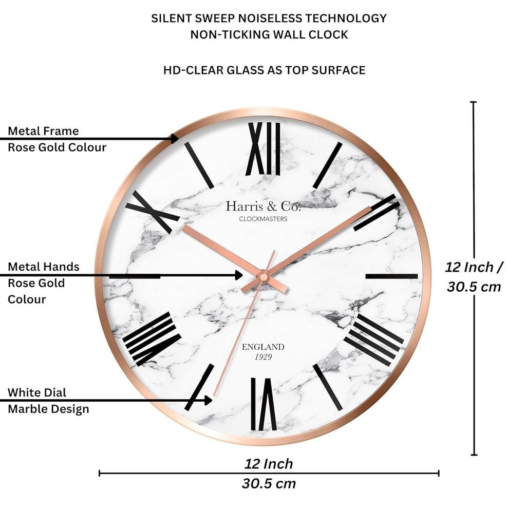 Luxury Wall Clock, Marble Design - 12 Inch (Rosegold Metal Frame & Hands)(Silent Sweep Noiseless Technology) (White)-Analog
