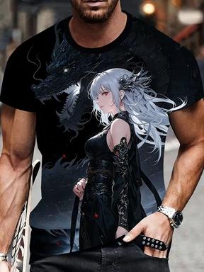A 3D Printed T-shirt Featuring Anime Dragons and Women, Casual Round Neck and Short Sleeves for Men, Suitable for All Seasons, Regular Fit