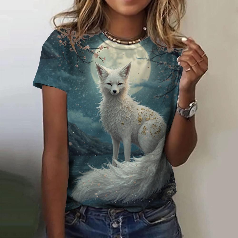 3D Printed Fox Pattern Women's T-shirt Summer Casual Round Neck Top Short Sleeve Loose T-shirt Daily Outing Short Sleeve