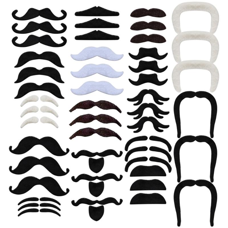 1-48Pcs Fake Beards Mustaches Set Self Adhesive Beard Mustaches Halloween Cosplay Costume Accessories for Women Men