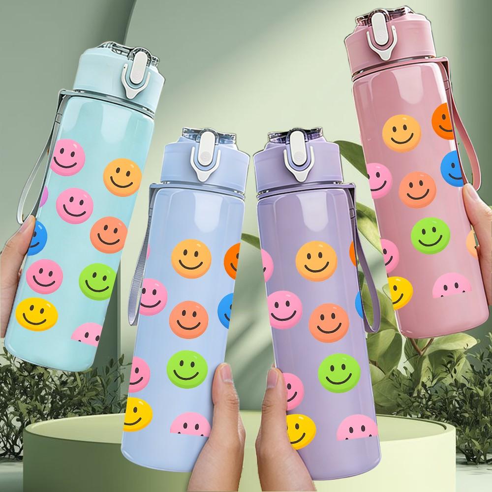 1PC Multicolor Smiley Face Set 750ml Color Plastic Sports Water Bottle Leakproof Flip Straw Lid Suitable for Sports Office Home Use