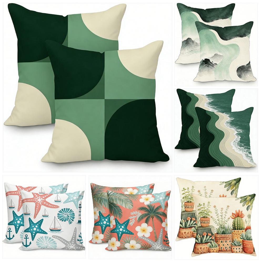Tinika Chen Unisex Green/Beige Geometric And Pillowcasescushion Covers, Zippered, Decorative Pillowcases, 45X45 Cover Sleeves