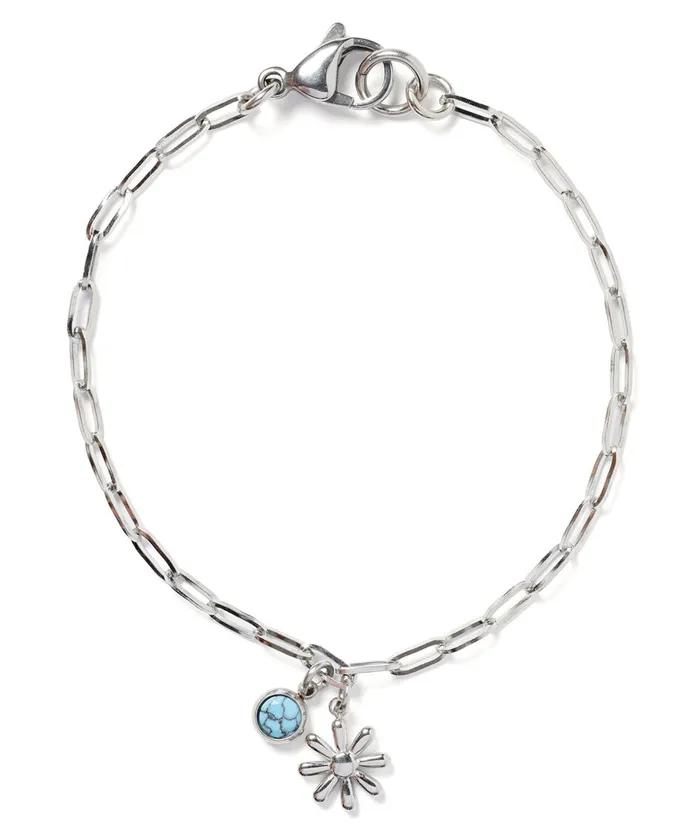 Surgical Chain Turquoise Flower Charm Bracelet (PLT-BR-010_SV)