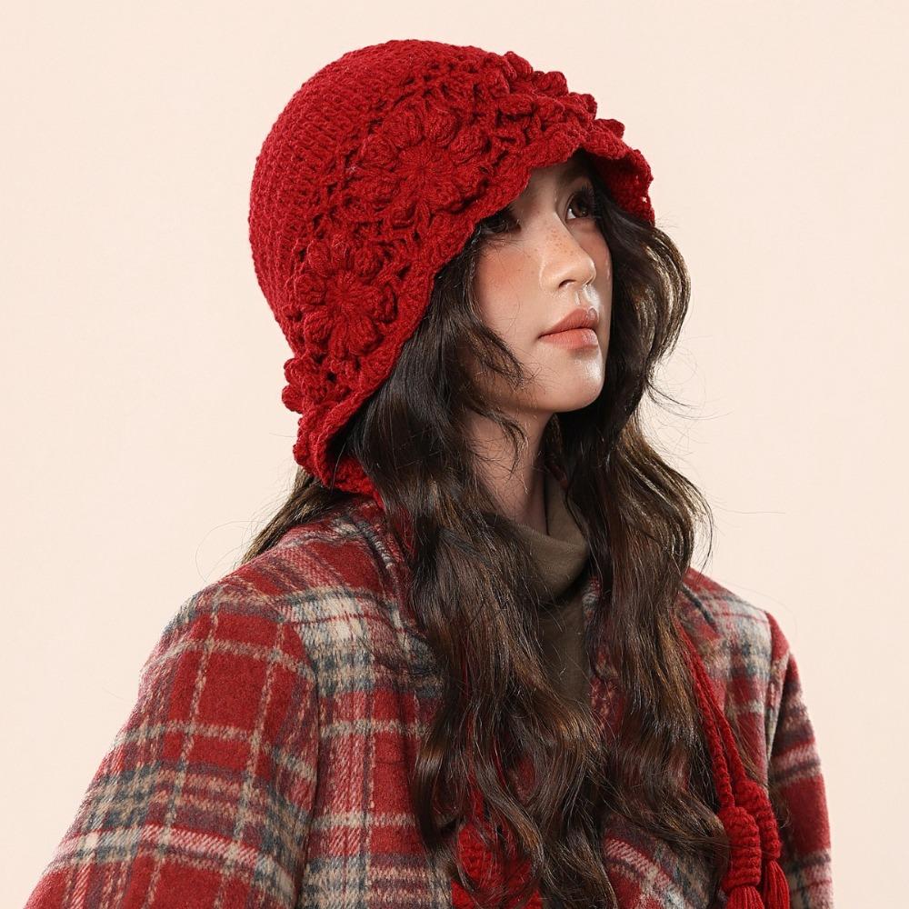 Fashion Hollowed-out Flower Bonnet Hat Hand Woven Long Tassel Pullover Hat Windproof Knitted Ear Protection Hat