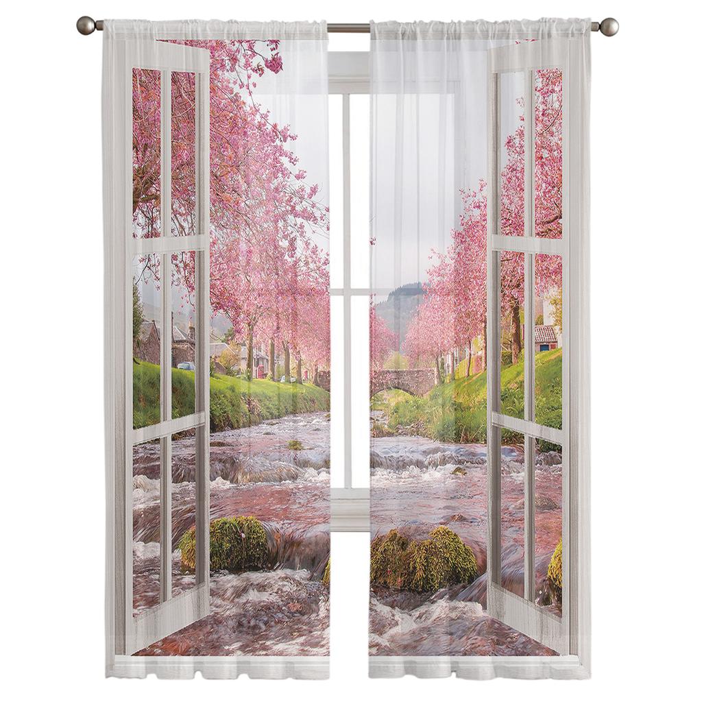 Window Views Cherry Blossoms River Sheer Curtains For Living Room Bedroom Kitchen Chiffon Tulle Curtains Home Hotel Coffee Decor