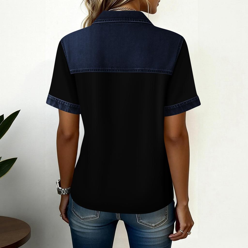 Damen Kurzarm Jeans Patchwork Knopfleiste Hemd Lässiges Lockeres Oberteil mit Brusttaschen für den täglichen Gebrauch