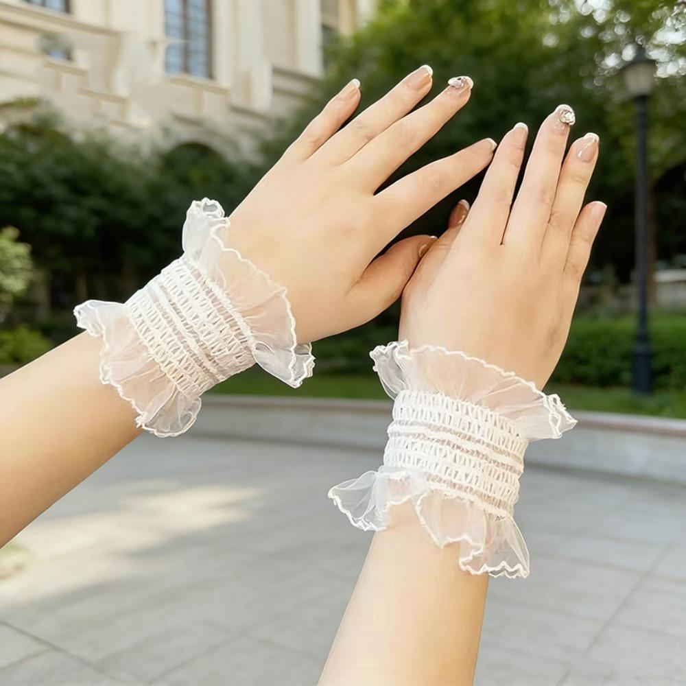 

New Lace Rose Flower Short Sleeve Gloves Detachable Elastic Lace Wrist Cuffs Black White Ruffled Sleeve Women