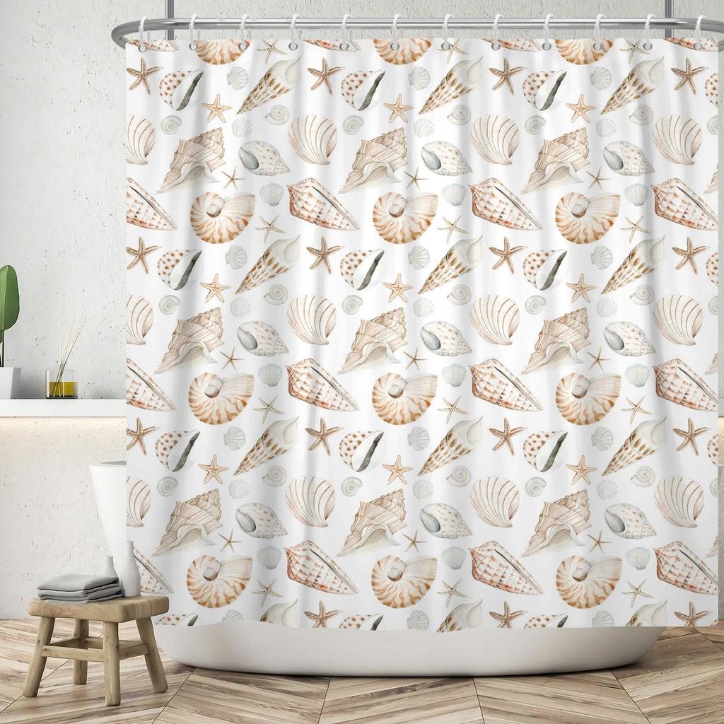 Nautical Theme Shower Curtain With Hooks Sailboat Anchor Seashells Starfish Waves Watercolour Art Modern Bathroom Curtain Decor