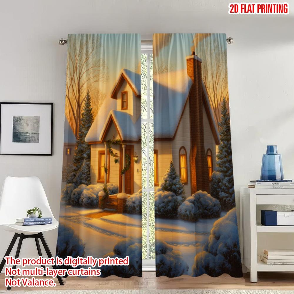 

Flat Printing Merry Christmas Curtains Cozy Winter Cabin Wreath Digital Printed Polyester Drapes Holiday Set Of 2 Made W100*H70(CM)-Rod Pocket&2PCS