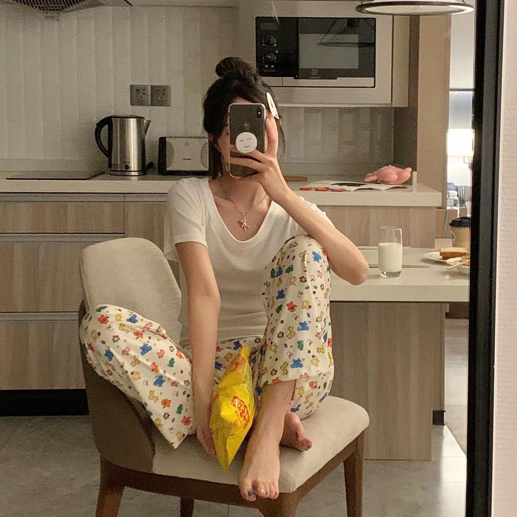 Calças compridas para dormir, calças femininas finas para o verão, calças soltas para casa, calças de lazer estampadas