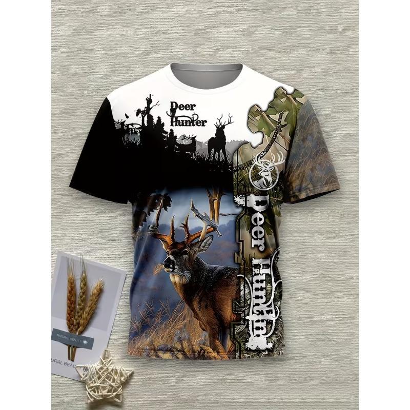 Trendy 3D Wildlife Print Men s T-Shirt Camouflage Forest Hunting Graphic Tee Deer S