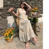 New Summer Fashionable Floral Embroidered Patchwork V-Neck Short-Sleeve Fitted Slimming Midi Dress Women's Holiday Vestidos