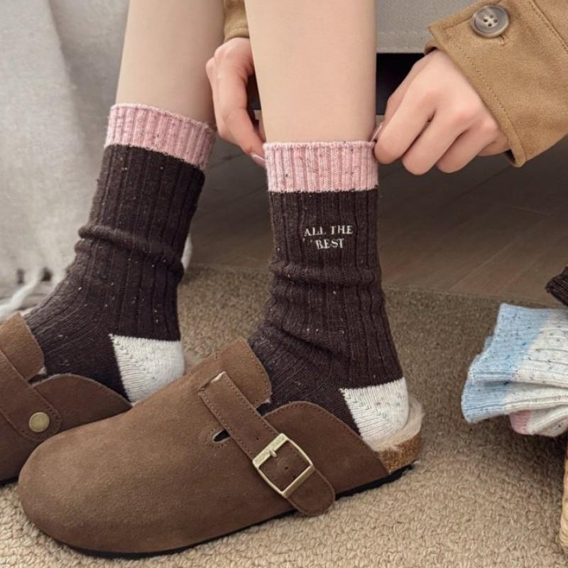 Korean Style Colorblock Thick Wool Blend Socks Women Warm Seamless Mid-Calf Crew Winter