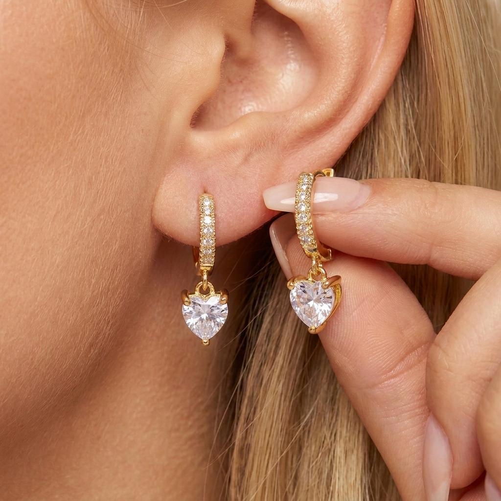 Gold Color Copper Heart Cubic Zirconia Hoop Earrings for Women CZ Drop Huggie Jewelry Romantic Daily Party Wedding Accessories