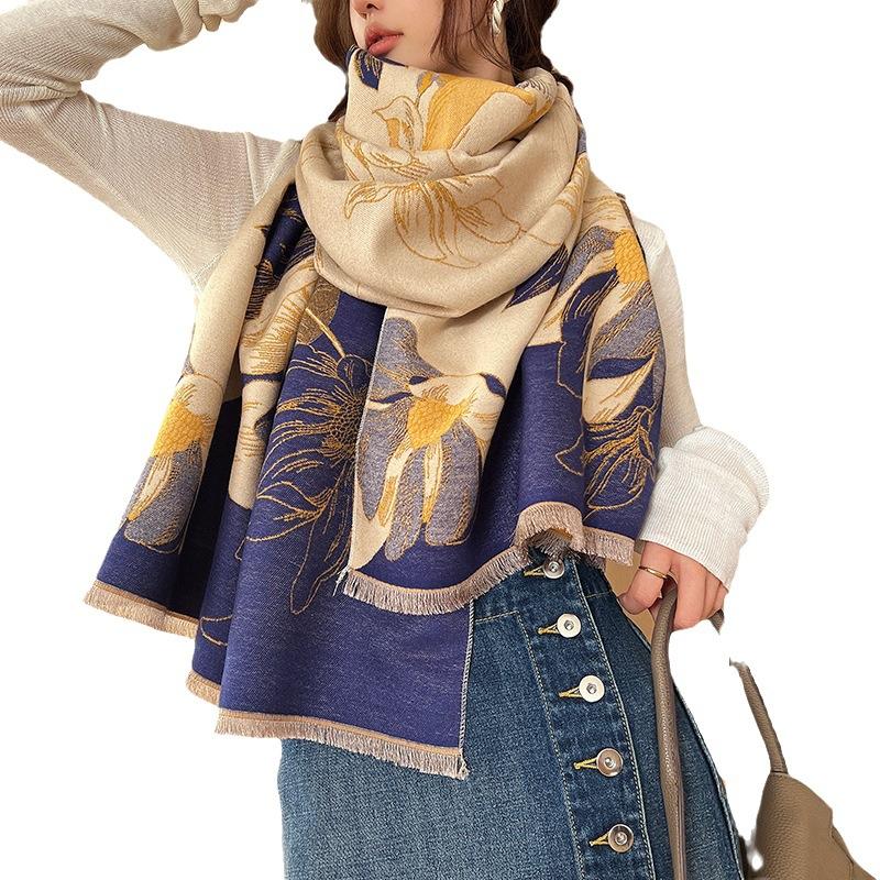 Exquisite New Magnolia Flower Fragrance Imitation Cashmere Scarf Winter High End Fashion Double-sided Scarf Thickened Cold Proof Shawl