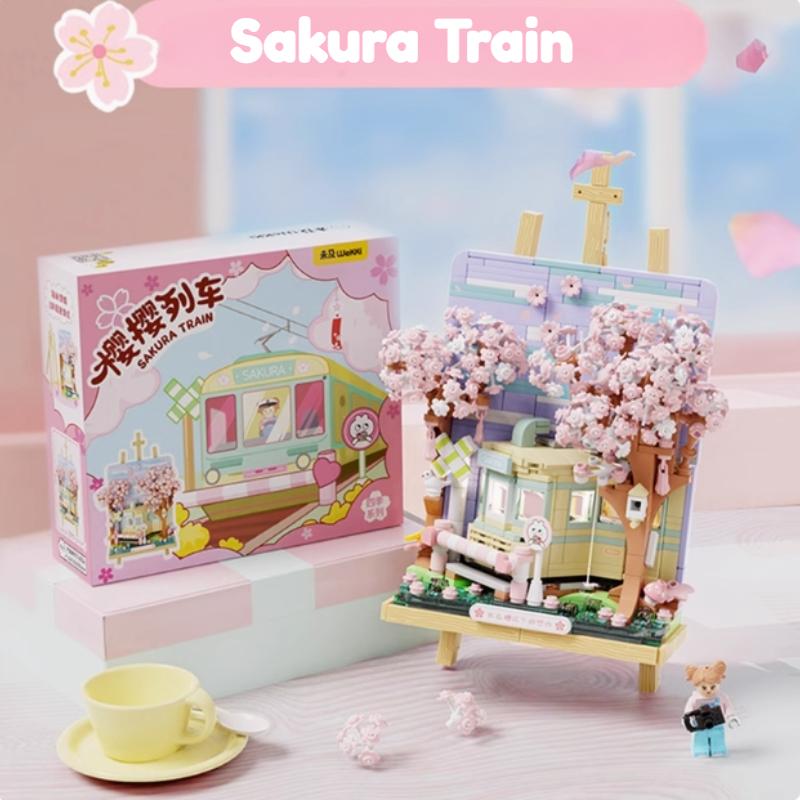 Sakura Train Building Blocks 3D Decorative Paintings Puzzle Assembly Toys Girls' Birthday Gifts Assembly Of Building Blocks
