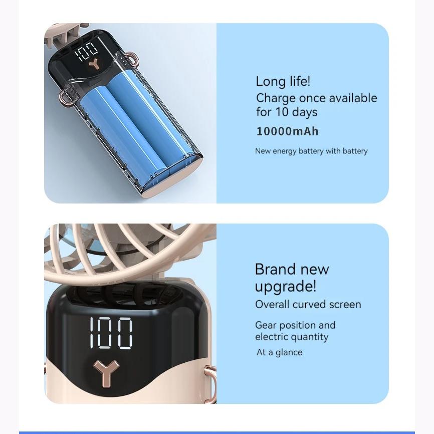 Mini Ventilador USB Portátil Ventilador Pequeno Silencioso Portátil com Display Digital LED Inteligente Ventilador Recarregável Dobrável de 6 Velocidades