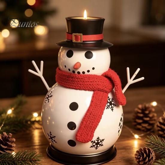 Table Fireplace Entrance Decor Christmas Snowman Candle Holder, Decorative Metal Candlestick Ornament with Top Seasonal Holiday Display Hat And Scarf