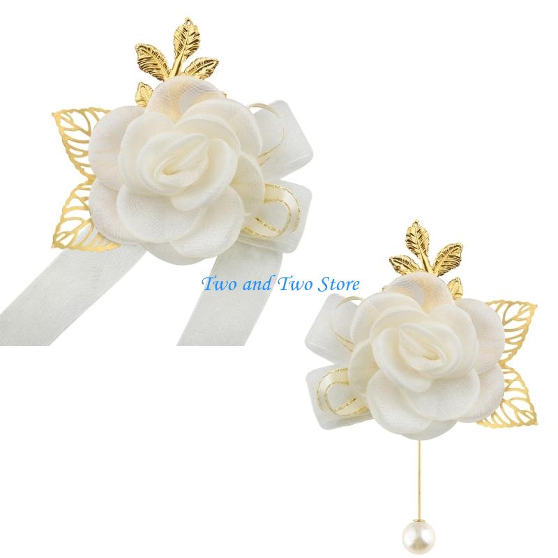 HX6F Artificial Flower Wrist Corsage and Boutonniere Set for Bride Groom Wedding Ceremony Wrist Jewelry Event Decoration