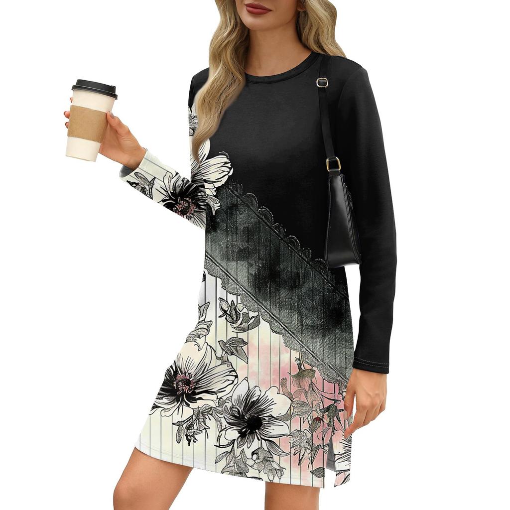 Dámská móda Ležérní šaty s kulatým výstřihem a dlouhým rukávem s rozparkem na půl lemu