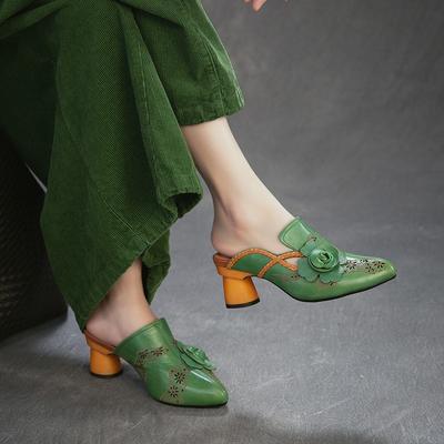 Vintage Genuine Leather Handmade Flower High Heel Slippers Pointed Toe Women's Shoes