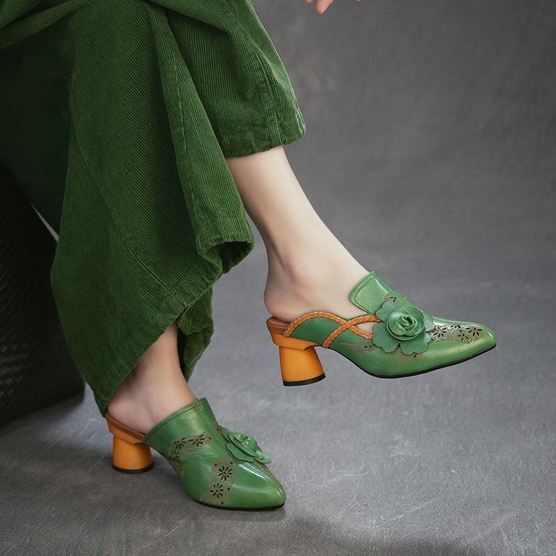 Johnature Vintage Genuine Leather Handmade Flower High Heel Slippers Pointed Toe Women's Shoes