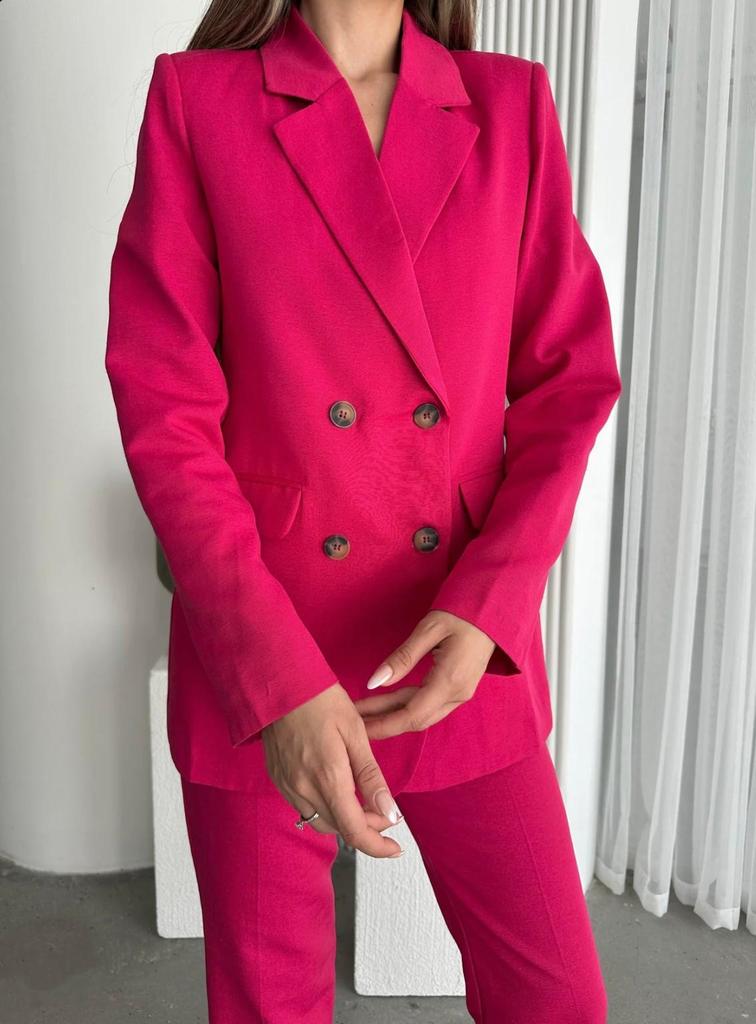 GILLAS QUEEN Women's Fuchsia Organic Linen Buttoned Blazer Jacket Trouser Suit