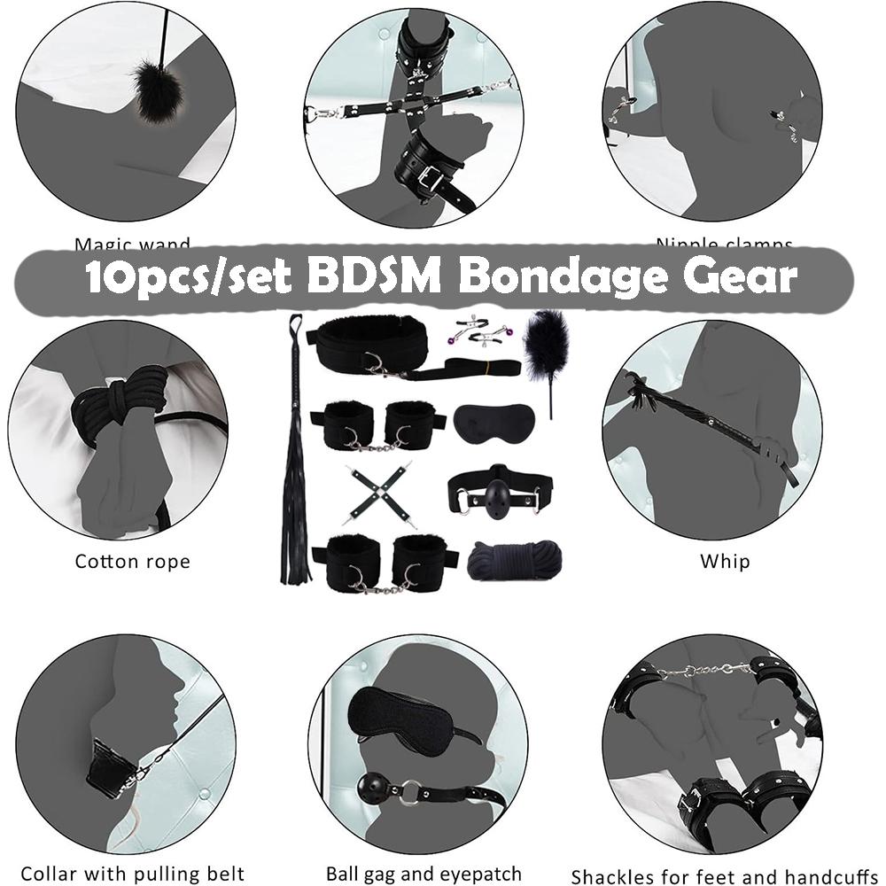 Handschellen Fesselung Bondage Ausrüstung Erwachsen Erotische Spiele 10-teiliges Sexspielzeug Set Bein Fessel Manschette Knebel Mund Nippelklemme Flirt Teaser