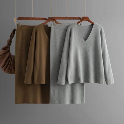 Sügistalv Lazy Wind lahtine V-kaelusega pullover kampsun, naiste ühevärviline pikkade varrukatega kootud laia sääre seelik kaheosaline komplekt