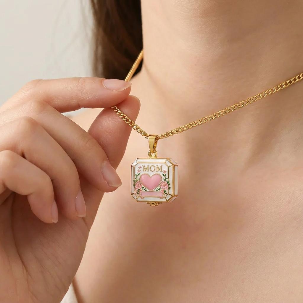 Mom Square Openable Pendant Necklace Fashionable Versatile Collarbone Chain New Year'S Gift 18K