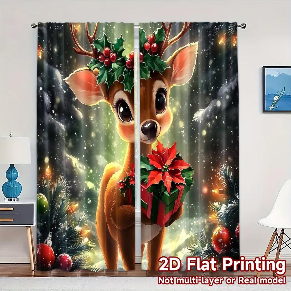 2pcs,Curtains Cute Christmas Deer Present (3) Modern Curtains&Window Treatment Semi-Sheer Curtains Decorations Outdoor Ldeal for