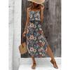 Strappy Printed Dress - Elegant Ink Silk Gauze for Commute and Casual Wear
