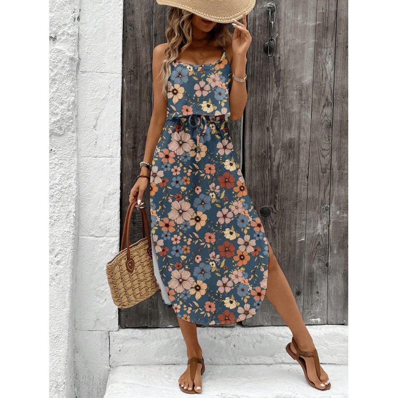 Strappy Printed Dress - Elegant Ink Silk Gauze for Commute and Casual Wear